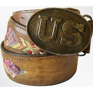 Brown Leather Belt Serape Fabric Aztec Inlay US Brass Napoleon Buckle Vintage